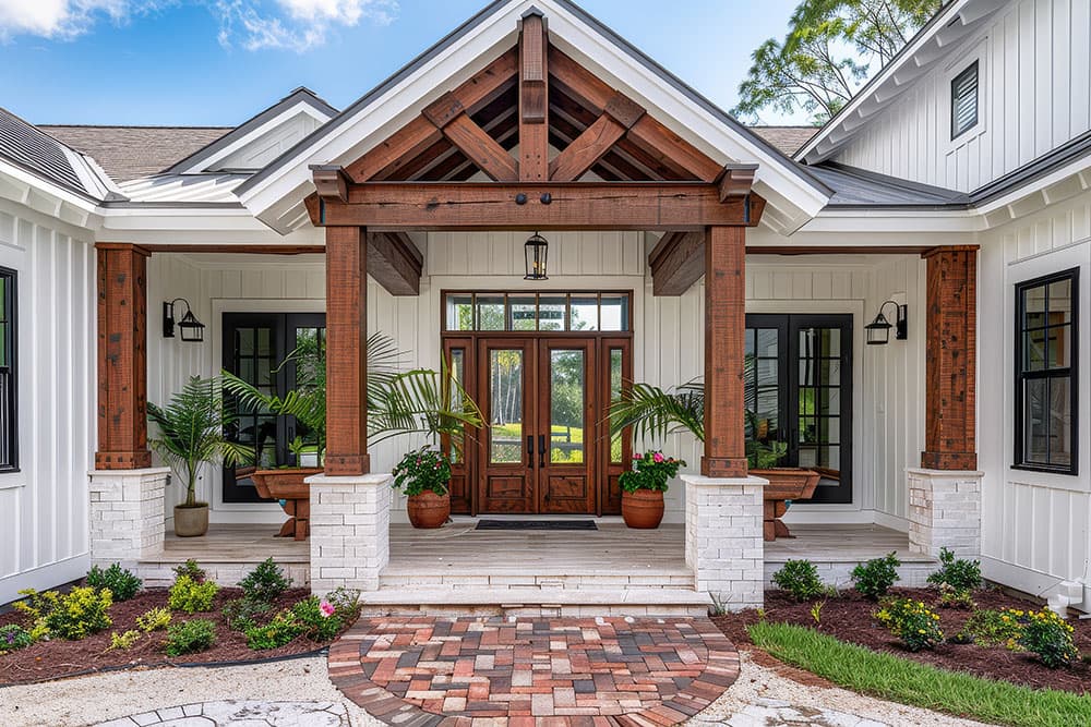 Florida home entry with timber-framed porch, black-framed windows, and a stained double front door