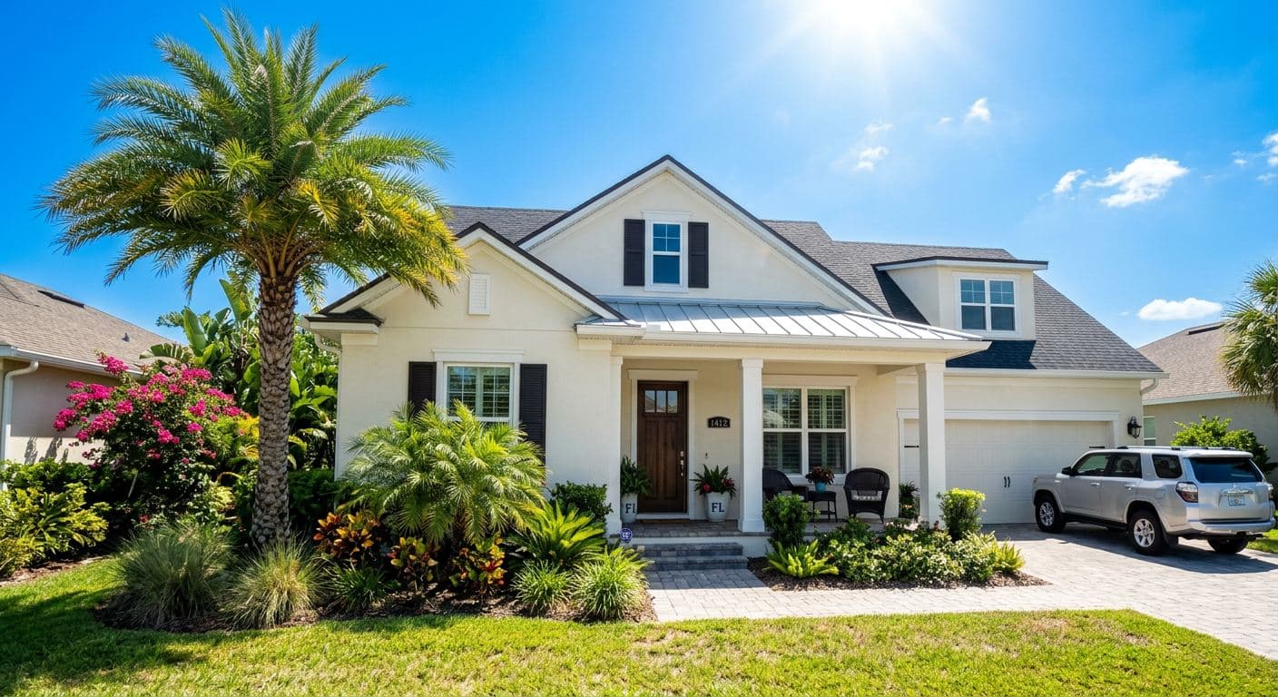 Florida home exterior in intense afternoon sunlight